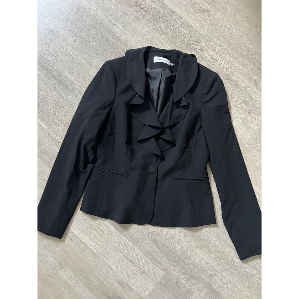 Calvin Klein Jacket Womens Size 4 Black Blazer Ruffle Neck One Button